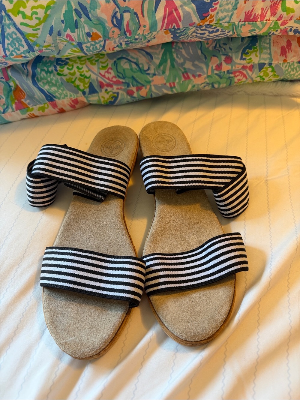 CHARLESTON SHOE CO. Black & White Striped  Carolina wedge Sandals